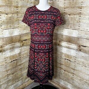 CHICO'S SZ.1(M/8) DARK FORAL FIT & FLARE PLEATED MATURE CASUAL ROUND NECK DRESS